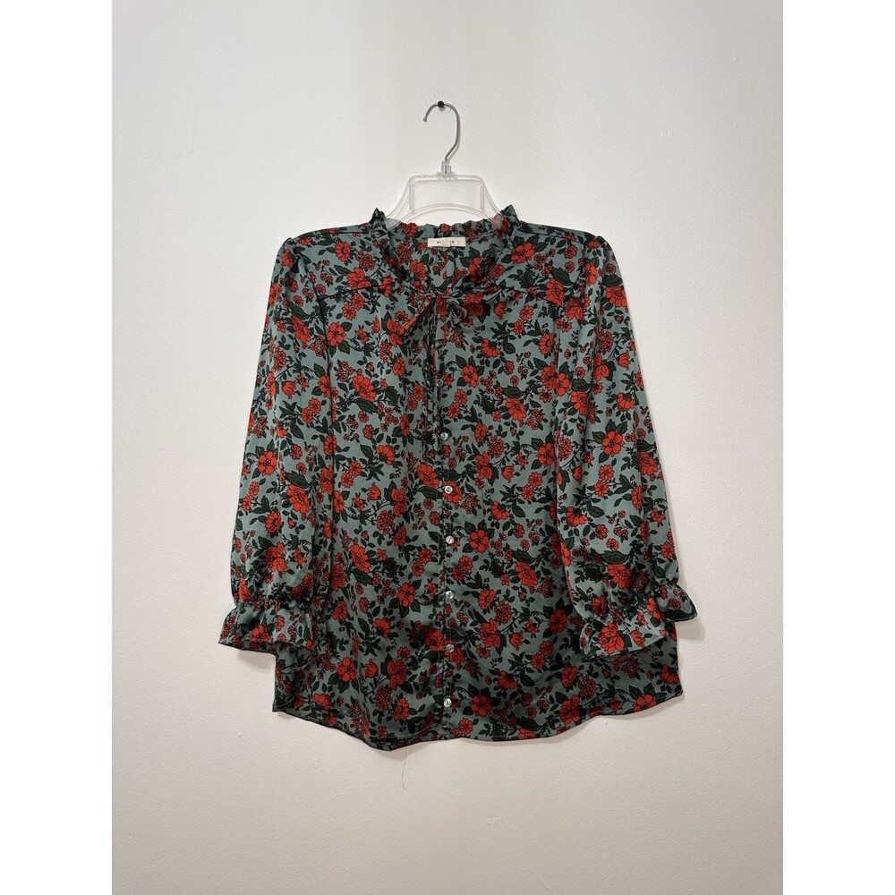 Pleione Women’s Ruffle Sleeve Blouse Lightweight Floral V-Neck Button Up Top